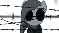 Size: 3840x2160 | Tagged: safe, artist:mbesto, pinkie pie, earth pony, pony, barbed wire, black and white, clothes, crossover, egor letov, female, glasses, grayscale, looking at you, mare, monochrome, pinkamena diane pie, show accurate, solo, wires