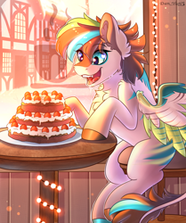 Size: 2558x3053 | Tagged: safe, artist:yuris, oc, pegasus, pony, art trade, cafe, cake, chair, comfort, cute, drool, food, garland, house, open mouth, room, smiling, solo, table, window, winter