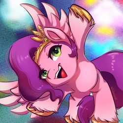 Size: 1000x1000 | Tagged: safe, artist:wildpawsvt, pipp petals, pegasus, pony, g5, female, flying, happy, headband, looking at you, mare, open mouth, open smile, smiling, solo, unshorn fetlocks