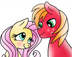 Size: 1280x1007 | Tagged: safe, artist:mrsdashskies, big macintosh, fluttershy, earth pony, pegasus, pony, blushing, female, looking at each other, looking at someone, male, mare, ship:fluttermac, shipping, stallion, straight