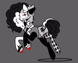 Size: 3518x2834 | Tagged: safe, artist:starfynch, oc, oc only, oc:ringmaster, earth pony, pony, bow, bowtie, clothes, clown, eyes closed, face paint, female, gray background, hair bow, mare, mismatched socks, ringmaster, shirt, simple background, socks, solo, stockings, thigh highs, unshorn fetlocks