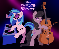 Size: 4256x3554 | Tagged: safe, artist:catponything, dj pon-3, octavia melody, vinyl scratch, earth pony, pony, unicorn, g4, bow (instrument), bowtie, cello, cello bow, duo, duo female, female, glasses, horn, lesbian, looking at you, musical instrument, nightclub, raised hoof, serious, serious face, smiling, standing, standing on one leg, standing on two hooves, strobe lights, sunglasses, text, turntable