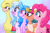 Size: 1800x1200 | Tagged: safe, artist:jesslmc16, izzy moonbow, paprika (tfh), pinkie pie, silverstream, somnambula, alpaca, classical hippogriff, earth pony, hippogriff, llama, pegasus, pony, unicorn, them's fightin' herds, g4, g5, beak, blanket, clothes, community related, egyptian headdress, egyptian pony, element of laughter, female, females only, folded wings, horn, izzy and her heroine, jewelry, looking up, mare, necklace, smiling, wings