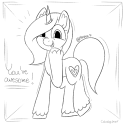 Size: 2755x2755 | Tagged: safe, artist:mashee, oc, oc only, oc:mashee, pony, unicorn, cheerful, coloring page, female, firealpaca, full body, happy, heart, heart ears, hoof fluff, hooves, hooves up, horn, lineart, looking at you, mare, monochrome, open mouth, ponysona, simple background, solo, white background