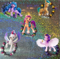 Size: 732x720 | Tagged: safe, artist:lnx1ynight16, part of a set, hitch trailblazer, izzy moonbow, pipp petals, sunny starscout, zipp storm, earth pony, pegasus, pony, unicorn, g5, bracelet, braid, horn, jewelry, kandi, looking at someone, looking at you, phone, smiling, smiling at you, spread wings, sunny's bag, tiara, wings