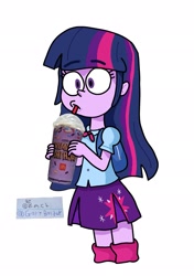 Size: 1439x2048 | Tagged: safe, artist:garybaldor, twilight sparkle, human, equestria girls, g4, clothes, drink, drinking, drinking straw, female, grimace shake, mcdonald's, meme, milkshake, shirt, signature, simple background, skirt, solo, white background