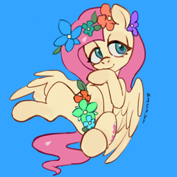 Size: 4096x4096 | Tagged: safe, artist:metaruscarlet, fluttershy, pegasus, pony, g4, blue background, flower, lying down, simple background, solo, spread wings, wings