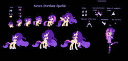 Size: 1280x612 | Tagged: safe, artist:aurorastarsparkle, oc, oc only, oc:aurora starshine sparkle, alicorn, pony, equestria girls, g4, 5-year-old, adult, age progression, baby, baby pony, base used, big mane, bio in description, black background, crown, element of magic, ethereal mane, female, filly, foal, hoof shoes, jewelry, offspring, older, parent:flash sentry, parent:twilight sparkle, parents:flashlight, reference sheet, regalia, simple background, solo, teenager, tiara