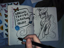 Size: 4000x3000 | Tagged: safe, artist:catponything, princess luna, alicorn, human, pony, clothes, crossed hooves, eye clipping through hair, hand, irl, irl human, lidded eyes, looking at you, marker drawing, photo, socks, solo, speech bubble, talking to viewer, traditional art