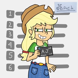 Size: 1018x1024 | Tagged: safe, artist:garybaldor, applejack, human, equestria girls, g4, applejack's hat, barbie mugshot meme, clothes, cowboy hat, female, freckles, grin, hat, meme, mugshot, shirt, skirt, smiling, solo, squint