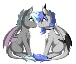 Size: 3600x3038 | Tagged: safe, alternate version, artist:melodytheartpony, oc, oc only, oc:anon, oc:hyper burner, oc:melody silver, dracony, dragon, hybrid, pegasus, choker, commission, dragon wings, duo, ear piercing, facing each other, female, feral, happy, long mane, looking at each other, looking at someone, male, mare, piercing, red eyes, short mane, signature, simple background, sitting, smiling, spread wings, white background, wings, ych result, your character here