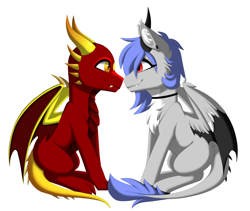 Size: 3600x3038 | Tagged: oc name needed, safe, alternate version, artist:melodytheartpony, oc, oc only, oc:anon, oc:melody silver, dracony, dragon, hybrid, pegasus, choker, commission, dragon wings, duo, ear piercing, facing each other, female, feral, happy, long mane, looking at each other, looking at someone, male, mare, piercing, red eyes, short mane, signature, simple background, sitting, smiling, spread wings, white background, wings, ych result, your character here