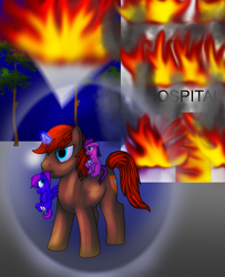 Size: 900x1106 | Tagged: source needed, safe, oc, oc:psyc lulamoon, unicorn, fire, hero, horn, hospital, saved fillies