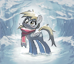 Size: 2632x2296 | Tagged: safe, artist:azaani, derpy hooves, pegasus, pony, g4, clothes, cute, derpabetes, female, forest, high res, mare, nature, nyan cat, scarf, smiling, snow, solo, sparkles, sunlight, tree, winter