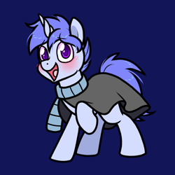 Size: 900x900 | Tagged: safe, artist:paperbagpony, oc, oc:snooze dust, unicorn, blushing, cape, clothes, horn, scarf, unicorn oc