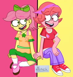 Size: 1943x2048 | Tagged: safe, artist:garybaldor, posey bloom, windy, human, equestria girls, g1, g4, g5, adoraposey, adorawindy, bow, calarts, clothes, converse, cute, denim, digital art, equestria girls-ified, g5 to equestria girls, g5 to g4, generation leap, hair bow, happy, holding hands, jeans, open mouth, open smile, pants, ponytail, shipping, shoes, smiling