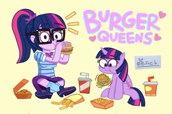 Size: 2080x1383 | Tagged: safe, artist:garybaldor, sci-twi, twilight sparkle, alicorn, human, pony, equestria girls, g4, burger, clothes, eating, food, french fries, glasses, hamburger, hay burger, human ponidox, onion horseshoes, self paradox, self ponidox, shoes, signature, simple background, sitting, soda, twilight burgkle, twilight sparkle (alicorn)