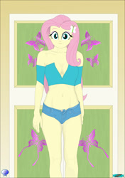 Size: 1328x1884 | Tagged: safe, artist:fab3716, fluttershy, human, equestria girls, g4, absolute cleavage, bare midriff, belly, belly button, breasts, cleavage, clothes, collarbone, female, jean panties, legs, off shoulder, shorts, small head, solo