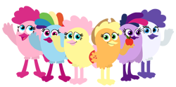 Size: 2020x1000 | Tagged: safe, artist:oliviafanxd, applejack, fluttershy, pinkie pie, rainbow dash, rarity, twilight sparkle, bird, angry birds, birdified, mane six, simple background, species swap, transparent background