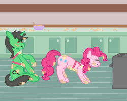 Size: 2000x1600 | Tagged: safe, artist:deej, pinkie pie, oc, oc:anon, oc:anon stallion, earth pony, unicorn, apron, baking, batter, blush lines, blushing, bowl, clothes, dough, duo, female, food, horn, indoors, kitchen, male, mare, oven, stallion, sugarcube corner, wiggle