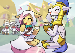 Size: 1688x1200 | Tagged: safe, artist:howxu, fluttershy, pegasus, pony, armor, assassin's creed, blushing, cup, emanata, eyes closed, facehoof, female, floppy ears, laughing, male, mare, open mouth, open smile, royal guard, smiling, stallion, sweat, sweatdrop, tea time, teacup, wide eyes