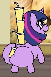 Size: 682x1018 | Tagged: safe, artist:tamers12345, twilight sparkle, pony, unicorn, my little pony: starsong and toola roola come to visit, g4, butt, butt hold, cup, drinking straw, horn, juice, lemonade, no tail