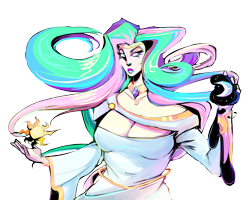 Size: 5000x4000 | Tagged: safe, artist:2hotskulls, princess celestia, human, g4, absurd resolution, blank eyes, breasts, busty princess celestia, cleavage, clothes, dress, female, hades (game), humanized, moon, simple background, solo, sun, transparent background