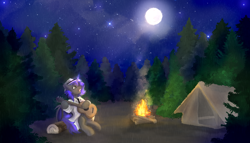 Size: 5000x2860 | Tagged: safe, artist:mariashek, oc, oc only, bat pony, pony, bat pony oc, bonfire, fire, forest, guitar, moon, musical instrument, nature, night, night in the woods, outdoors, tent, tree