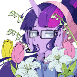 Size: 1400x1400 | Tagged: safe, artist:破坏海胆boom, twilight sparkle, human, equestria girls, g4, flower, glasses, horn, horned humanization, humanized, unicorn horn