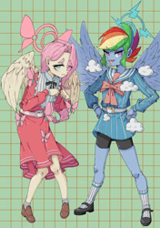 Size: 1457x2064 | Tagged: safe, artist:破坏海胆boom, fluttershy, rainbow dash, human, pegasus, g4, blue archive, halo, humanized, wings