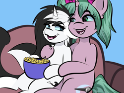 Size: 2048x1535 | Tagged: safe, artist:doodlesdoodles8, oc, oc:magicalmysticva, oc:shouka, commission, couch, couple, duo, duo female, female, females only, food, hug, lesbian, multicolored hair, pigtails, pink coat, popcorn, teal mane, twintails, white coat, ych result