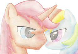 Size: 900x625 | Tagged: safe, rainbow dash, oc, oc:psyc lulamoon, pegasus, unicorn, blue eyes, canon x oc, horn, purple eyes