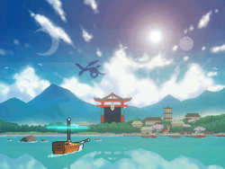 Size: 800x600 | Tagged: safe, artist:rangelost, dragon, cyoa:d20 pony, cloud, cyoa, digital art, forest, harbor, lens flare, magic, magic circle, moon, mountain, mountain range, nature, ocean, pier, pixel art, scenery, ship, sky, story included, sun, tree, village, water