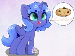 Size: 4000x3000 | Tagged: safe, artist:zokkili, princess luna, alicorn, pony, g4, beanbrows, cookie, cute, ear fluff, eyebrows, eyebrows visible through hair, female, folded wings, food, high res, horn, lunabetes, mare, open mouth, open smile, signature, smiling, solo, speech bubble, tail, wings