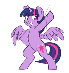 Size: 565x601 | Tagged: safe, artist:higglytownhero, twilight sparkle, alicorn, pony, g4, bipedal, blushing, cbat, eye clipping through hair, female, grin, horn, mare, raid bonziworld.org!, simple background, smiling, solo, spread wings, twilight sparkle (alicorn), white background, wings