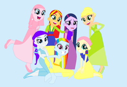 Size: 1110x758 | Tagged: safe, artist:taaline, applejack, fluttershy, pinkie pie, rainbow dash, rarity, sci-twi, sunset shimmer, twilight sparkle, human, equestria girls, g4, aladdin, alternate hairstyle, base used, beauty and the beast, belle, clothes, cosplay, costume, disney, disney princess, fa mulan, humane five, humane seven, humane six, mulan, native american, pocahontas, princess ariel, princess jasmine, princess tiana, snow white, snow white and the seven dwarfs, squaw dash, the little mermaid, the princess and the frog, tiana