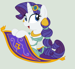 Size: 1304x1192 | Tagged: safe, artist:doggie31, rarity, unicorn, g4, aladdin, belly dancer outfit, carpet, clothes, cosplay, costume, crossover, cute, disney, disney princess, ear piercing, earring, female, flying, harem outfit, horn, jewelry, magic carpet, mare, midriff, piercing, princess jasmine, raribetes, smiling, solo