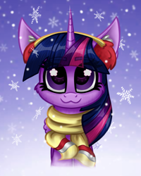 Size: 2000x2500 | Tagged: safe, artist:sunamoonmlp, derpibooru exclusive, twilight sparkle, alicorn, pony, g4, clothes, cute, female, horn, looking at you, mane six, mare, scarf, smiling, smiling at you, snow, twilight sparkle (alicorn), wings, winter, winter outfit