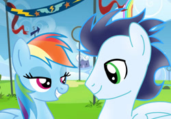 Size: 1280x890 | Tagged: safe, artist:soarindasher10, rainbow dash, soarin', pegasus, pony, female, looking at each other, looking at someone, male, mare, ship:soarindash, shipping, smiling, smiling at each other, stallion, straight