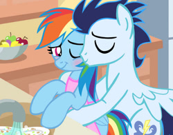 Size: 749x586 | Tagged: safe, artist:soarindasher10, rainbow dash, soarin', pegasus, pony, blushing, cheek kiss, female, husband and wife, kissing, male, mare, ship:soarindash, shipping, smiling, stallion, straight