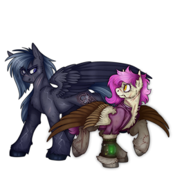 Size: 2300x2300 | Tagged: safe, artist:molars, oc, oc only, oc:molars, oc:sharp shadows, pegasus, pony, ashes town, fallout equestria, angry, annoyed, bite mark, branded, chest fluff, dashite, dashite brand, female, lesbian, long mane, looking at each other, looking at someone, pipbuck, scar, short mane, simple background, size comparison, size difference, spread wings, transparent background, unshorn fetlocks, wings