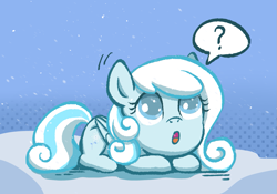 Size: 1287x899 | Tagged: safe, artist:brella, oc, oc:snowdrop, pegasus, pony, :o, cloud, female, filly, foal, full body, gradient background, looking up, lying down, on a cloud, open mouth, patterned background, prone, question mark, sky background, snow, solo, speech bubble