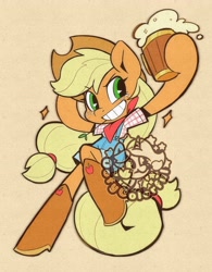 Size: 2633x3368 | Tagged: safe, artist:oofycolorful, part of a set, applejack, earth pony, pony, semi-anthro, g4, bandana, boots, cider, clothes, female, overalls, shirt, shoes, simple background, solo, t-shirt