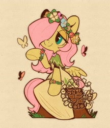 Size: 2911x3368 | Tagged: safe, artist:oofycolorful, part of a set, fluttershy, butterfly, pegasus, pony, rabbit, semi-anthro, g4, animal, bracelet, clothes, cute, cutie mark on clothes, dress, female, floral head wreath, flower, flower bracelet, hair over one eye, jewelry, shyabetes, simple background, sitting, solo, tree stump