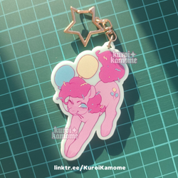 Size: 1280x1280 | Tagged: safe, artist:kuroikamome, pinkie pie, earth pony, g4, balloon, curly mane, female, keychain, link, looking at you, merchandise, one eye closed, patterned background, photo, pink mane, smiling, solo, the legend of zelda, watermark, wink, winking at you