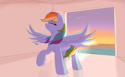 Size: 3447x2138 | Tagged: safe, artist:ricy, rainbow dash, bird, pegasus, pony, seagull, eyes closed, female, mare, ocean, ponerpics import, shooting star, smiling, solo, spread wings, sunset, water, wings