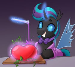 Size: 2232x1976 | Tagged: safe, artist:witchtaunter, oc, changeling, pony, bowtie, changeling oc, clothes, commission, food, magic, male, simple background, tomato, wings