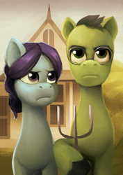 Size: 2480x3508 | Tagged: safe, pony, g5, my little pony: tell your tale, official, the unboxing of izzy, american gothic, concept art, duo, duo male and female, female, fine art parody, lil critter workshop, male, mare, stallion