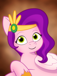 Size: 2480x3321 | Tagged: safe, pipp petals, pegasus, pony, a home to share, g5, my little pony: tell your tale, official, colored wings, concept art, crossed legs, diadem, female, folded wings, jewelry, looking at you, lying down, mare, regalia, smiling, smiling at you, solo, unshorn fetlocks, wings