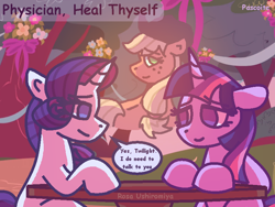 Size: 800x600 | Tagged: safe, artist:rosa ushiromiya, applejack, rarity, twilight sparkle, alicorn, pony, unicorn, fanfic:physician heal thyself, g4, duo, duo female, fanfic art, female, horn, mare, sitting, speech bubble, table